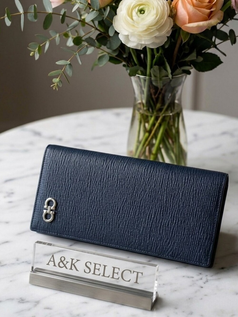 Salvatore Ferragamo Navy Textured Leather Long Card Holder with Silver Logo